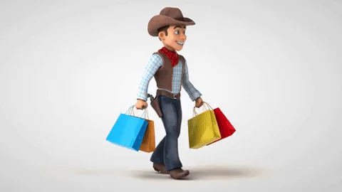 A cartoon cowboy strolling along with an armful of shopping bags